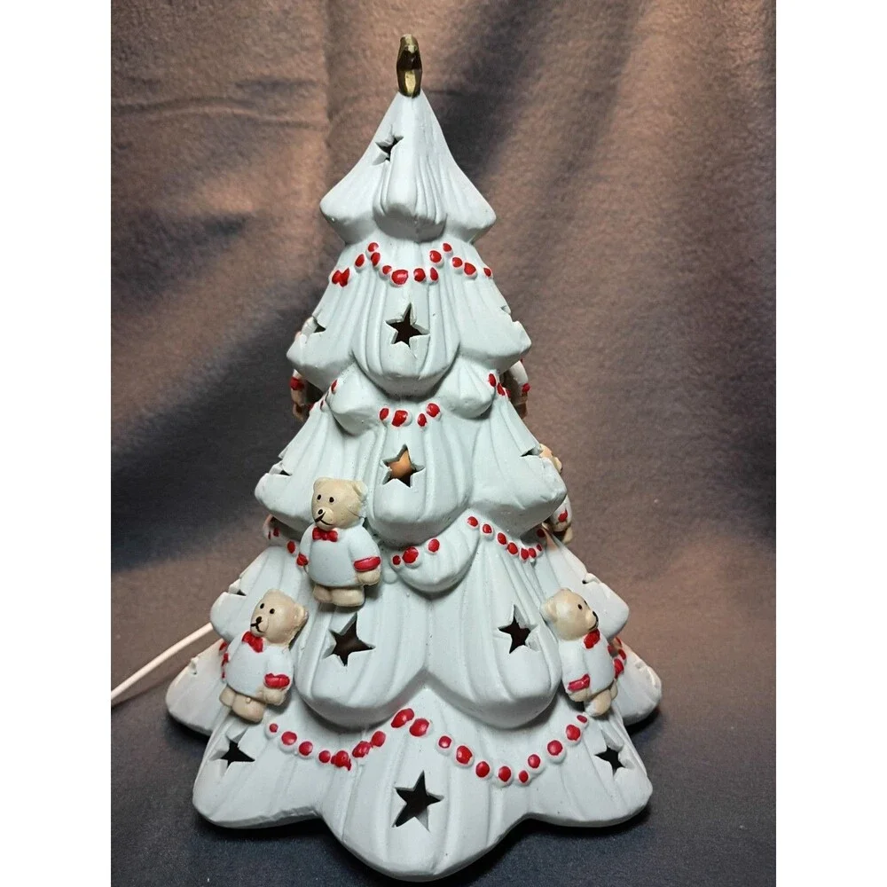 Vintage White Porcelain Lighted Christmas Tree Teddy Bears 9